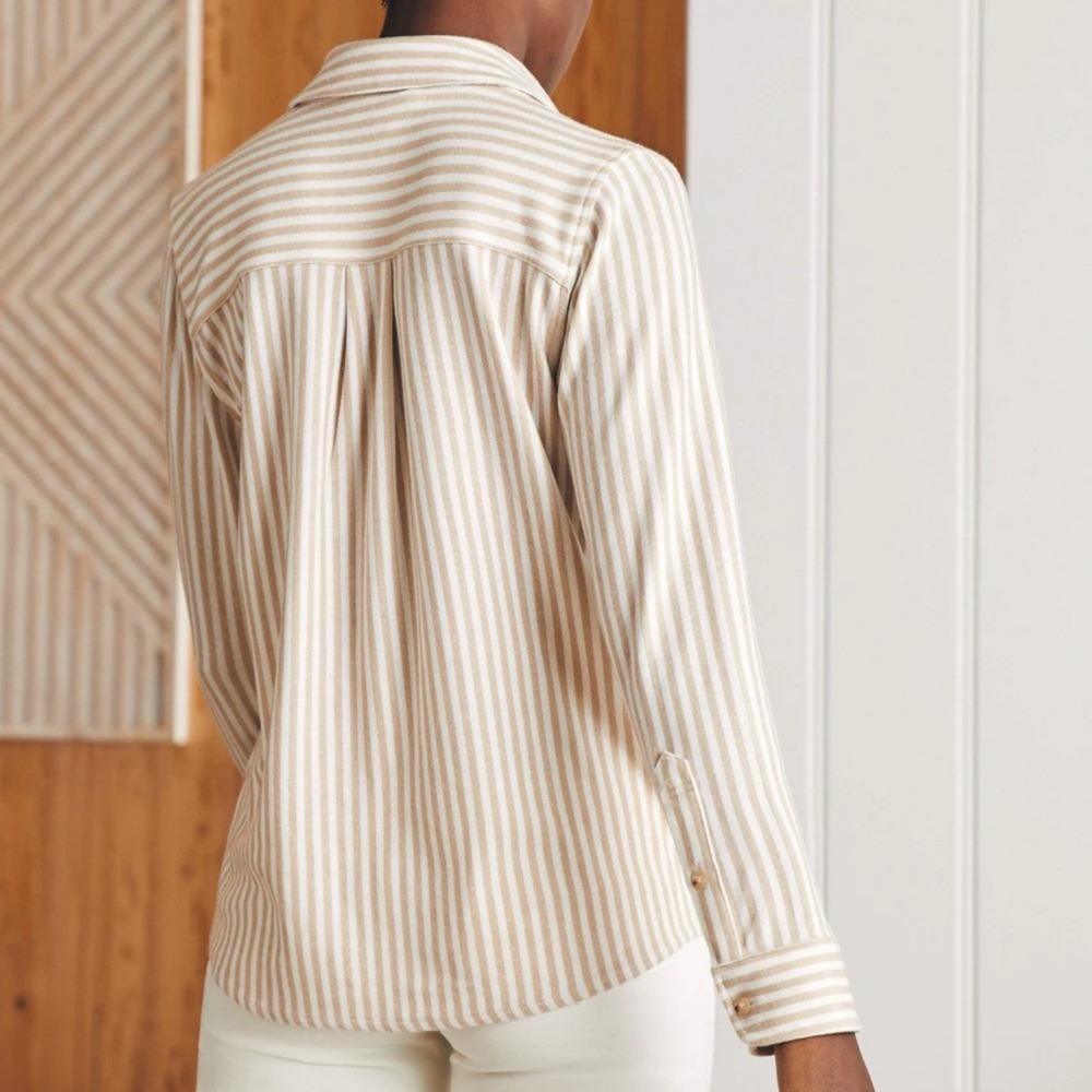 Faherty Legend Sweater Shirt Tannin Stripe Tan Cream Button Down Top Womens M - Picture 3 of 12